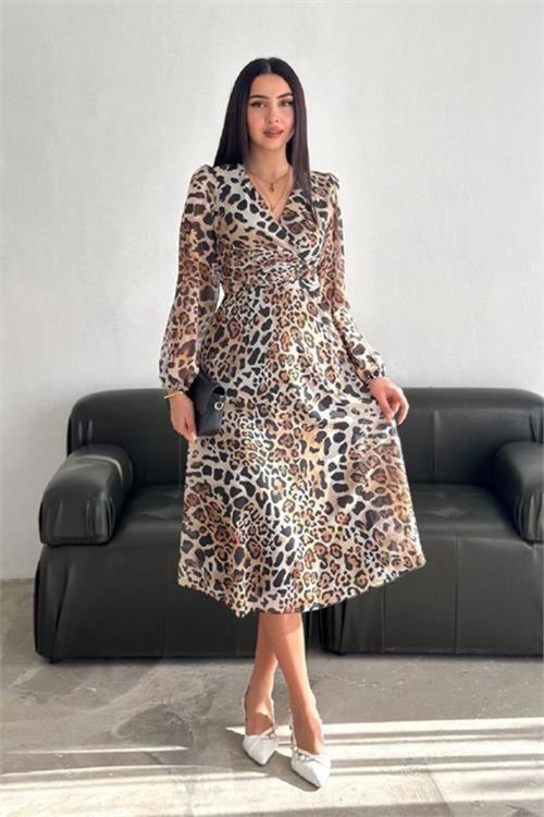 kadın leopar desenli şifon elbise DPK3044
