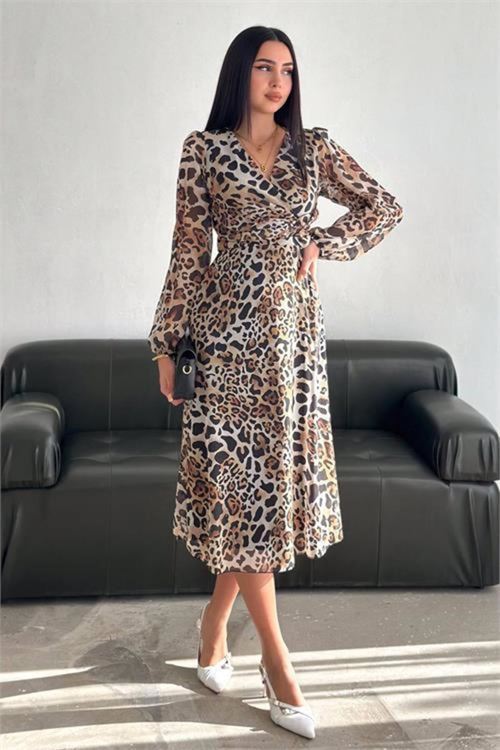 kadın leopar desenli şifon elbise DPK3044