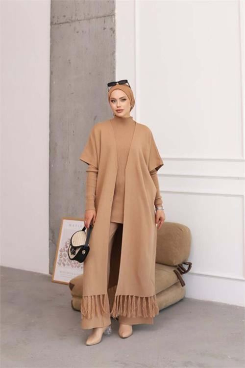kadın camel tesettür üçlü triko takım NMS021