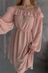kadın camel madonna yaka mini ponpon şifon elbise DPK2057
