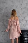 kadın camel madonna yaka mini ponpon şifon elbise DPK2057