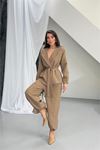 Kadın vizon kahverengi kuşak detaylı oversize şalvar pantolon blazer ceket takım DPNP023
