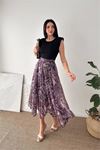 Kadın mürdüm modern kesim vatkalı asimetrik kesim mermer desen elbise DPK4593