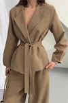 Kadın vizon kahverengi kuşak detaylı oversize şalvar pantolon blazer ceket takım DPNP023