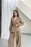 Kadın vizon kahverengi kuşak detaylı oversize şalvar pantolon blazer ceket takım DPNP023