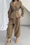Kadın vizon kahverengi kuşak detaylı oversize şalvar pantolon blazer ceket takım DPNP023