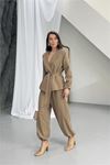 Kadın vizon kahverengi kuşak detaylı oversize şalvar pantolon blazer ceket takım DPNP023