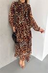 kadın eteği kat kat leopar desenli şifon elbise DPKKLF2036
