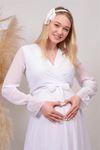 kadın beyaz kruvaze yaka baby shower şifon hamile elbise DPHML003
