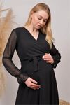 kadın siyah kruvaze yaka baby shower şifon hamile elbise DPHML003