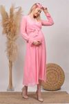 kadın pudra kruvaze yaka baby shower şifon hamile elbise HML003