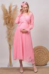 kadın pudra kruvaze yaka baby shower şifon hamile elbise HML003