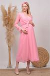 kadın pudra kruvaze yaka baby shower şifon hamile elbise HML003
