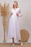 kadın beyaz kruvaze yaka baby shower şifon hamile elbise DPHML003