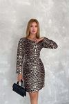 kadın kemerli bisiklet yaka leopar desenli mini elbise DPK2162