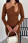kadın taba yaka detaylı triko elbise DPK2219