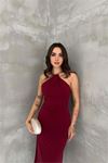 Kadın bordo sırt dekolteli metal yaka midi elbise DPK4543