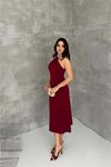Kadın bordo sırt dekolteli metal yaka midi elbise DPK4543