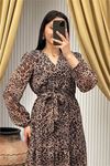 kadın kuşaklı leopar desenli şifon elbise DPMY3709