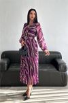kadın kruvaze yaka piliseli midi şifon elbise DPK30292