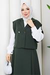 Kadın yeşil etek bluz ve yelek üçlü tesettür takım DPFT007