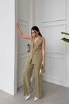 Kadın bej taş işlemeli gold düğme detaylı kolsuz blazer ceket pantolon takım DPSTR1030