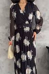 Neşeli butik kadın kemerli kruvaze yaka gül desenli şifon elbise NB0113