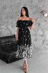 Neşeli butik kadın siyah desenli kare yaka şifon elbise NBQ003