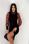 Neşeli butik kadın nakışlı balon kol triko elbise KKLF50 - Siyah
