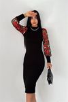 Neşeli butik kadın nakışlı balon kol triko elbise KKLF50 - Siyah