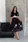 Neşeli butik kadın kemerli gömlek yaka desenli şifon elbise NBQ011