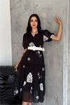 Neşeli butik kadın kemerli gömlek yaka desenli şifon elbise NBQ011