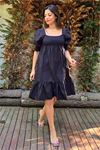 kadın siyah yeni sezon eteği fırfırlı kare yaka kısa elbise DPSNP008