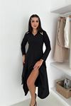 Kadın yaka detaylı midi boy örme elbise DPK4360