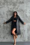 Neşeli butik kadın Marilyn siyah suni deri trençkot NBMYLK21