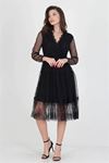 Neseli butik kruvaze yaka eteği güpür detaylı yeni sezon elbise DP0010