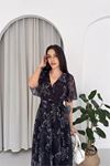 Kadın siyah kruvaze yaka desenli midi boy şifon elbise DPK4587