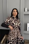 Kadın düğmeli atlas kumaş siyah leopar desenli ithal elbise DPMS2597