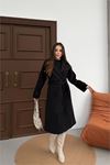 Kadın premium kuşaklı reglan kol düğmeli siyah kaşe kaban DPKBN01