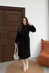 Kadın premium kuşaklı reglan kol düğmeli siyah kaşe kaban DPKBN01