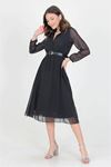 Neşeli butik kadın puantiyeli kemerli gömlek yaka şifon elbise RSSN30