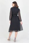 Neşeli butik kadın puantiyeli kemerli gömlek yaka şifon elbise RSSN30