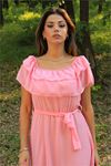 kadın pembe kuşaklı madonna yaka baby shower elbise DP8060