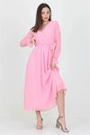 Neşeli butik kadın kuşaklı pudra uzun şifon elbise KTS003