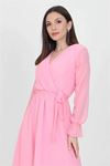 Neşeli butik kadın kuşaklı pudra uzun şifon elbise KTS003
