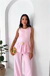 kadın pembe kolsuz gold toka detaylı peplum kesim preium tulum DPK4637