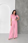 Neşeli butik kadın pembe gömlek yaka kemerli geniş paça tulum NBK4197