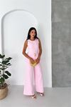 kadın pembe kolsuz gold toka detaylı peplum kesim preium tulum DPK4637
