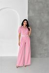 Neşeli butik kadın pembe gömlek yaka kemerli geniş paça tulum NBK4197