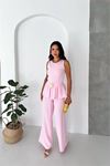 kadın pembe kolsuz gold toka detaylı peplum kesim preium tulum DPK4637